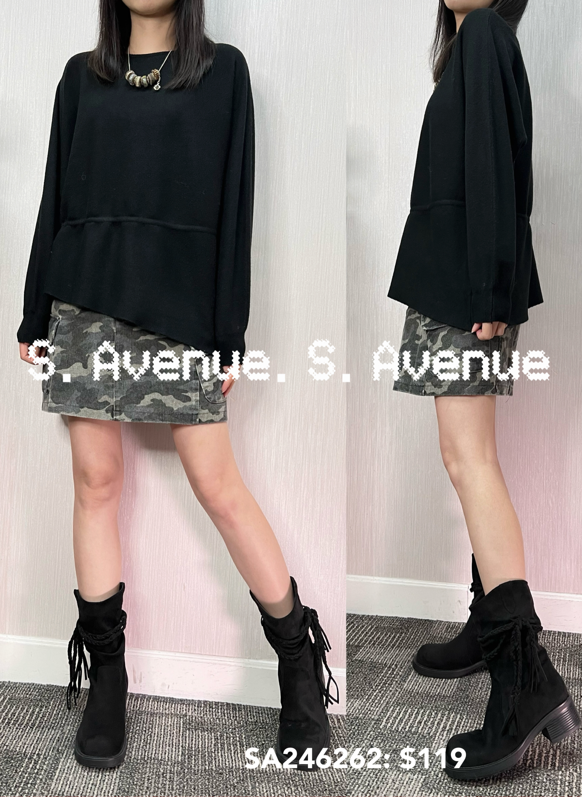 SA246262: 長袖小蝙蝠鈄腳束腰線冷top