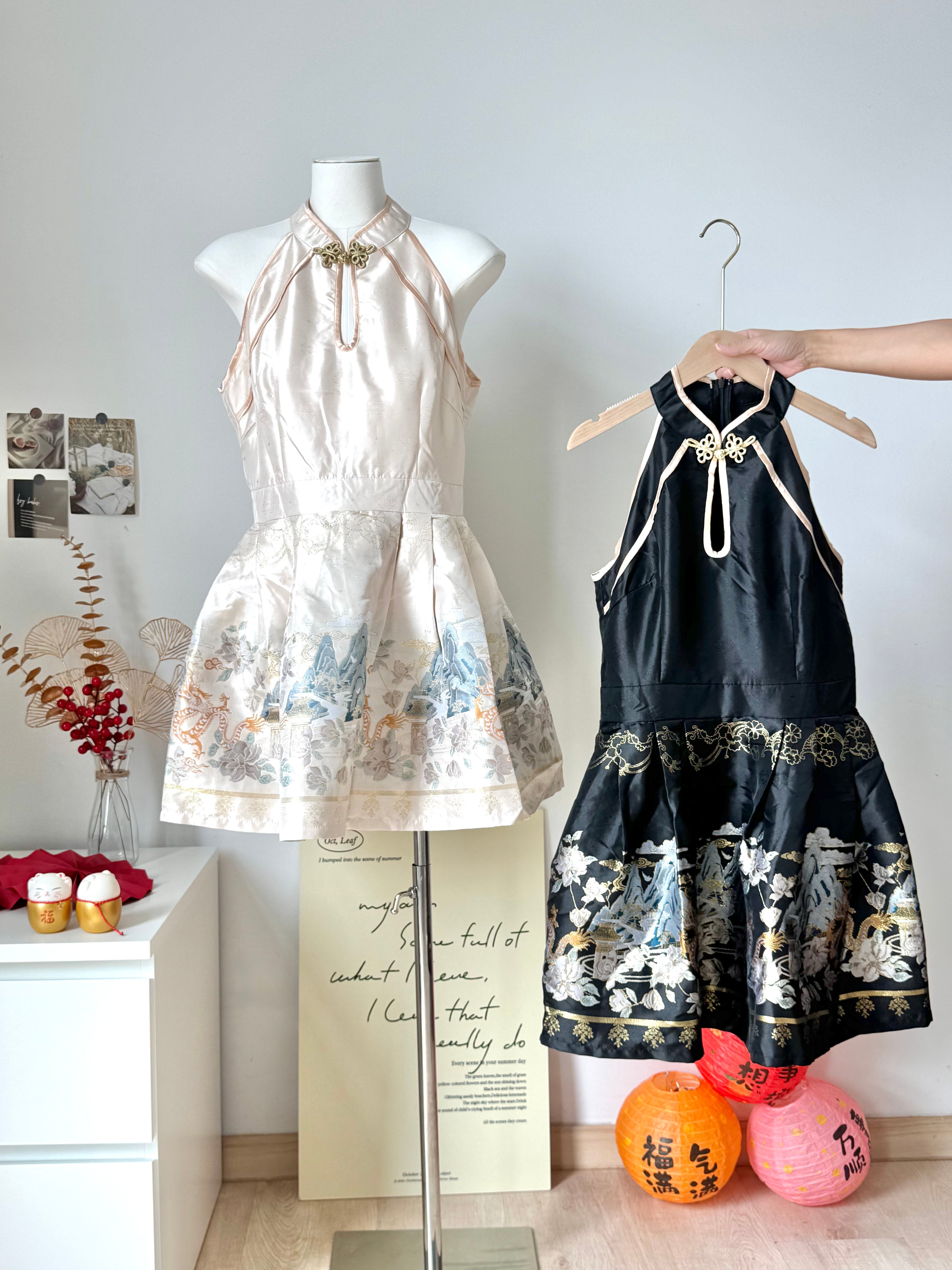 福利款原价RM109【Golden Phoenix Dress 锦绣烟雨 】新中式重工刺绣挂脖连衣裙（2 colours）Premium Quality