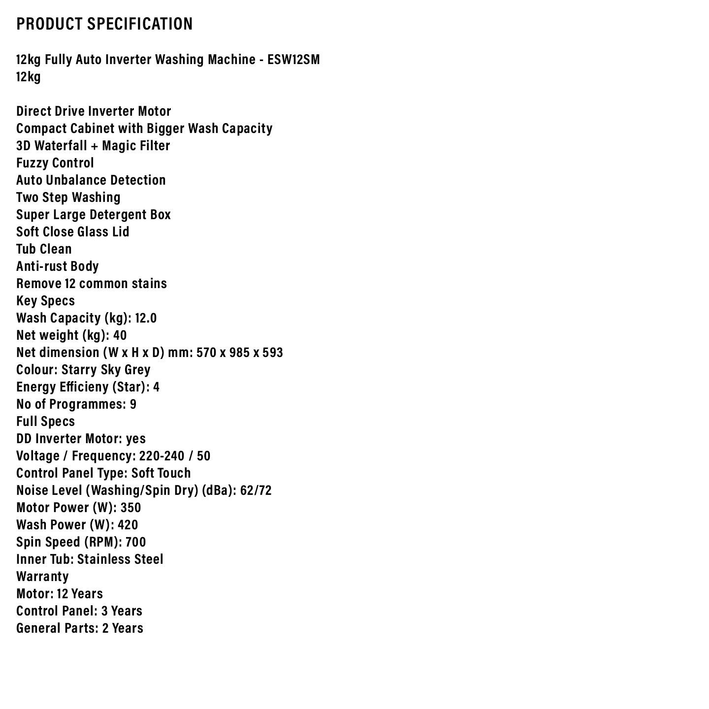 Sharp 12kg DD Inverter Top Load Washer (ESW12SM)