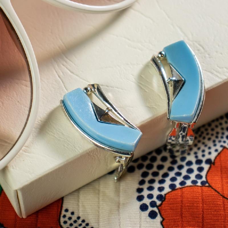 1950s Sky Blue Lucite Geometric Form Clip Earrings from American (EA1813)