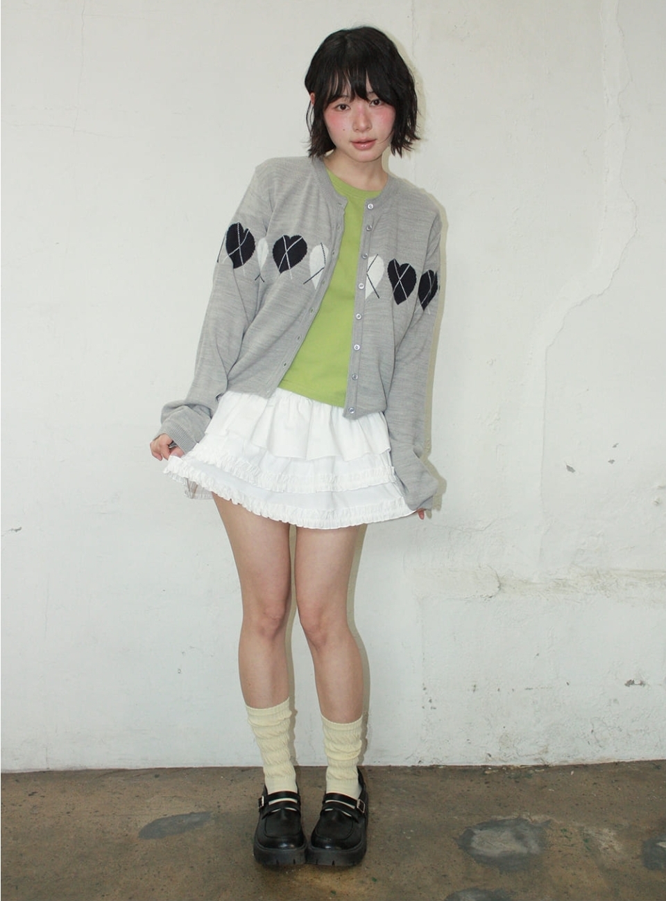 Ron Ron Heart Argyle Line Knit Cardigan
