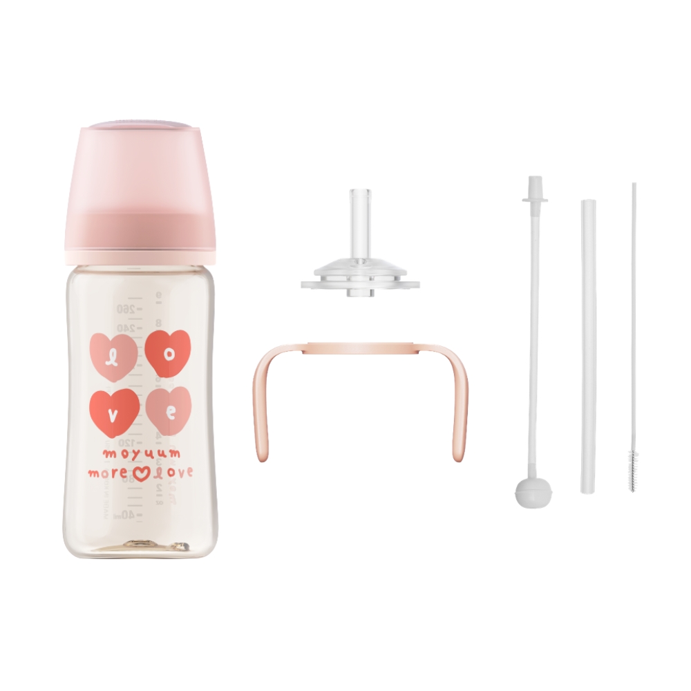 Moyuum - PPSU 寬口防漲氣奶瓶270ml（蜜桃心心）+寬口奶瓶防漏學習吸管套裝(米色)_MY206_SET