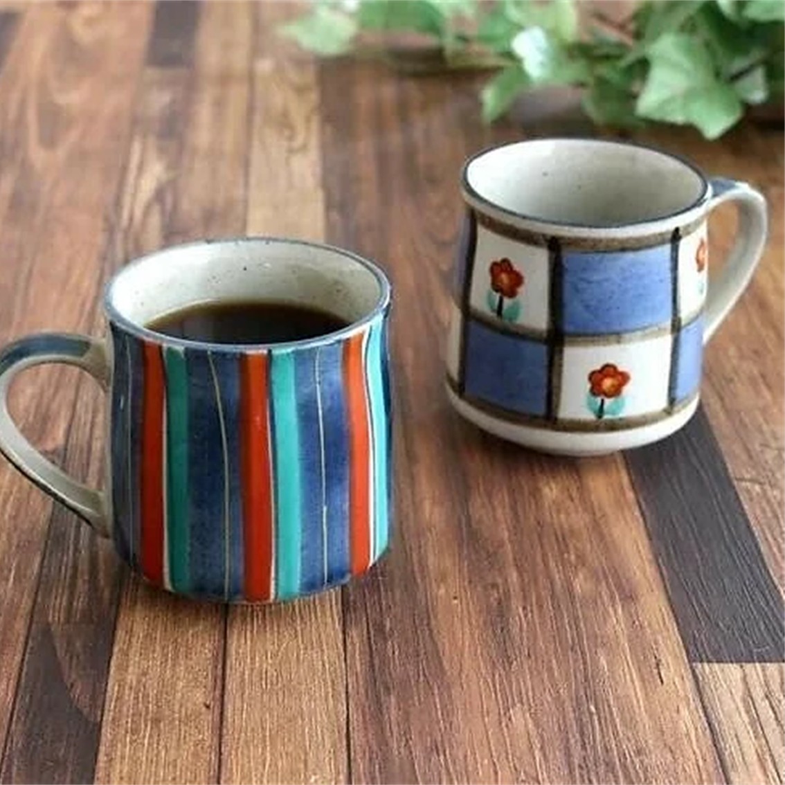 【日本製】美濃燒陶瓷條子小花駌鴦馬克杯套裝 (290ml @)