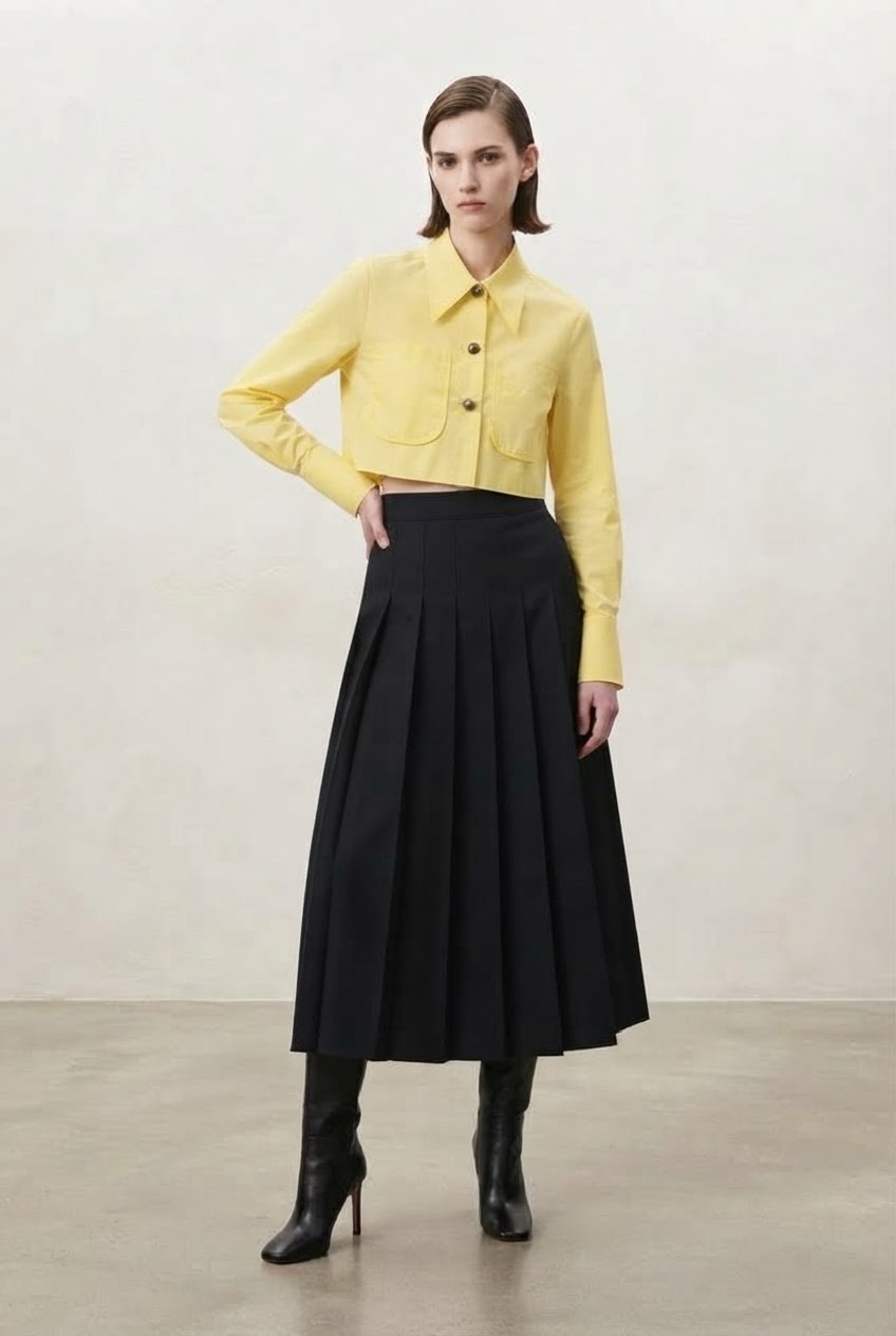 2162BS High Waisted Knife Pleated Midi Skirt