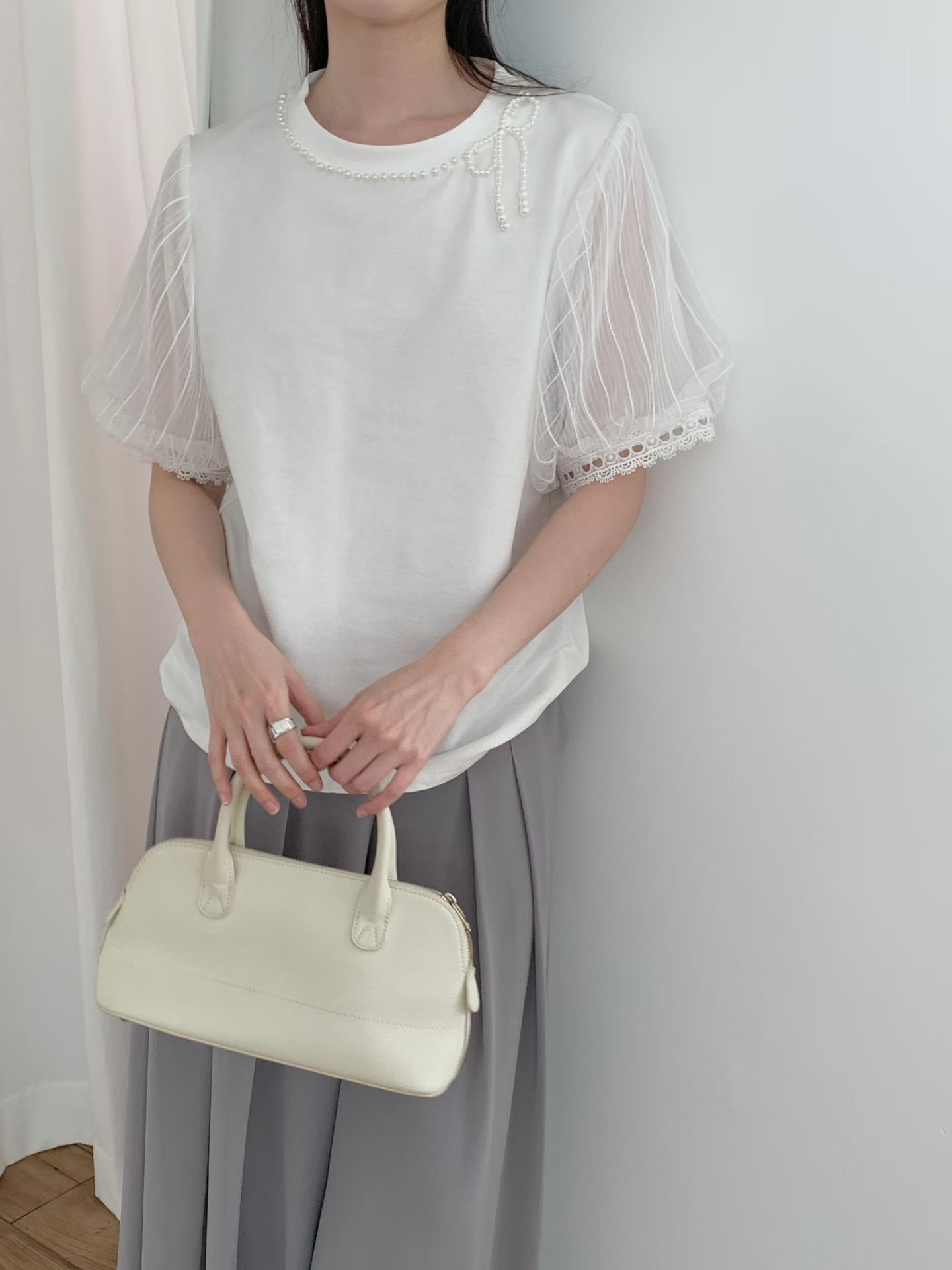 CT26 清新甜美蝴蝶珍珠領上衣 