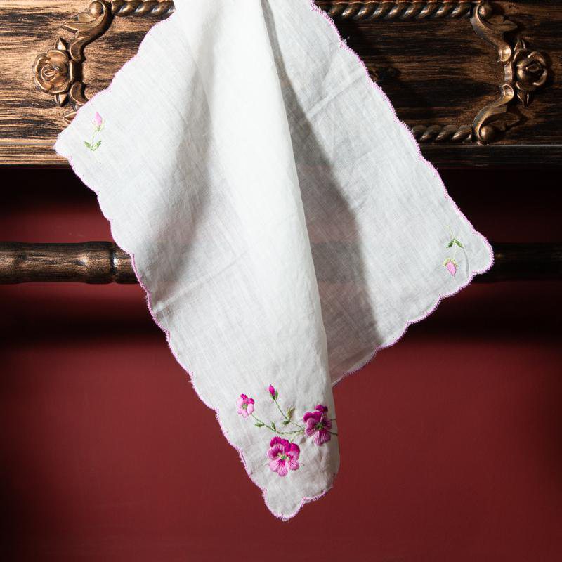 Vintage Unused Handkerchief with Pink Embroidery (EX092)