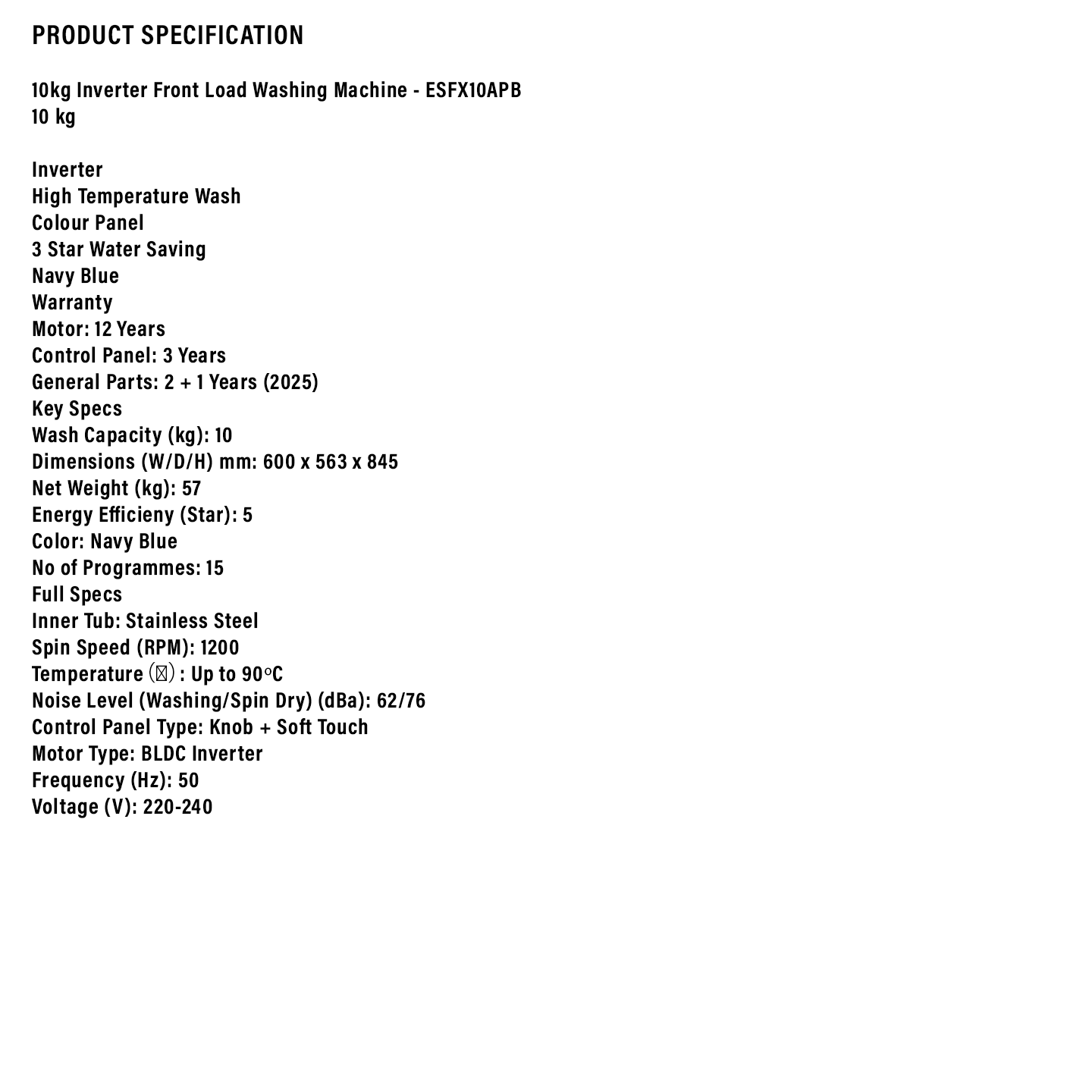 Sharp 10kg Pro-Flex Inverter Front Load Washer (ESFX10APB)