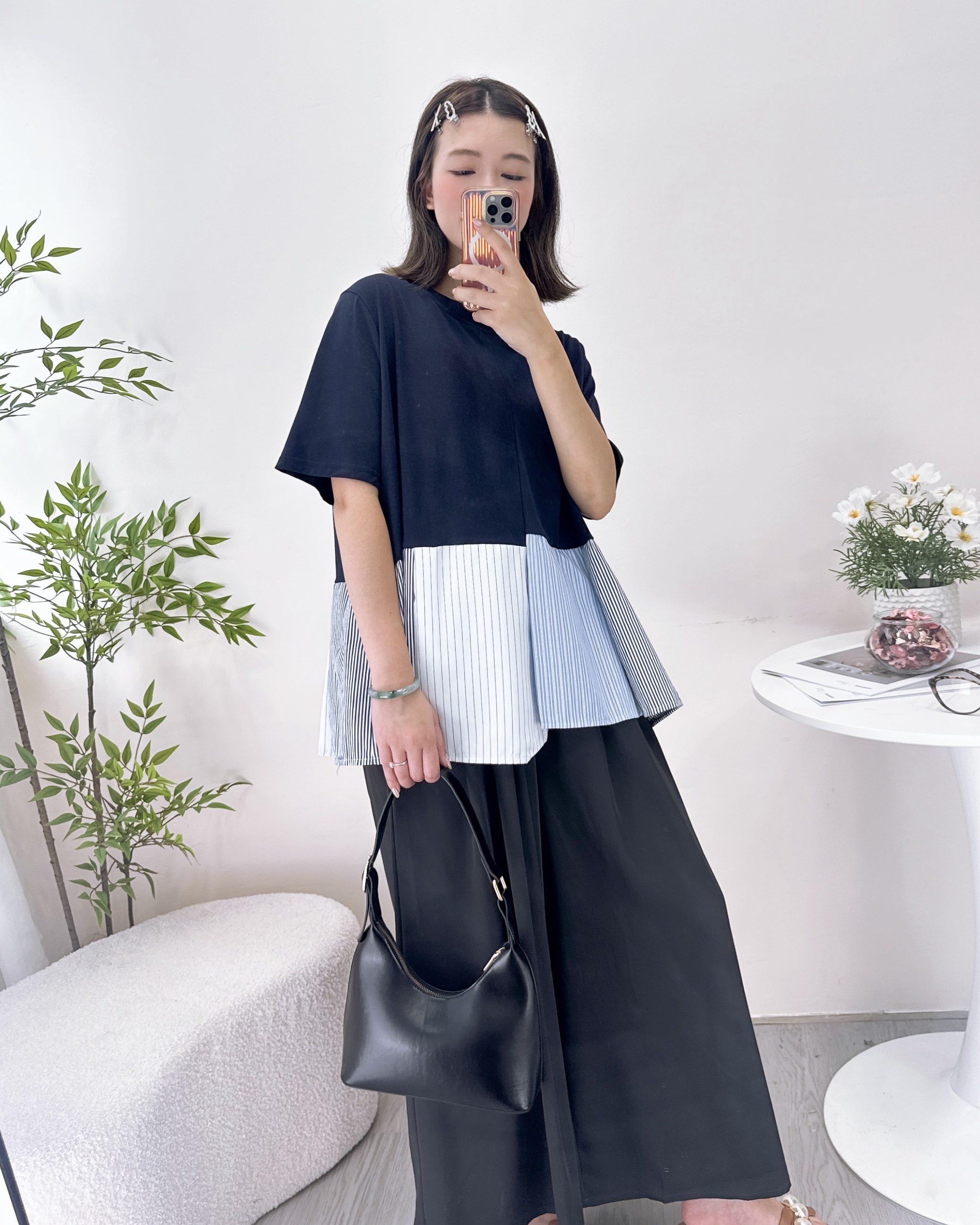 顯瘦拼摺條子布上衣 3色