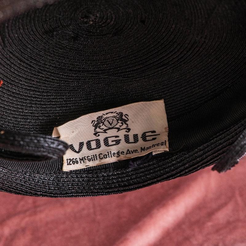Vintage 1950s Montreal Made VOGUE Charcoal Grey Straw Half Hat with Feather