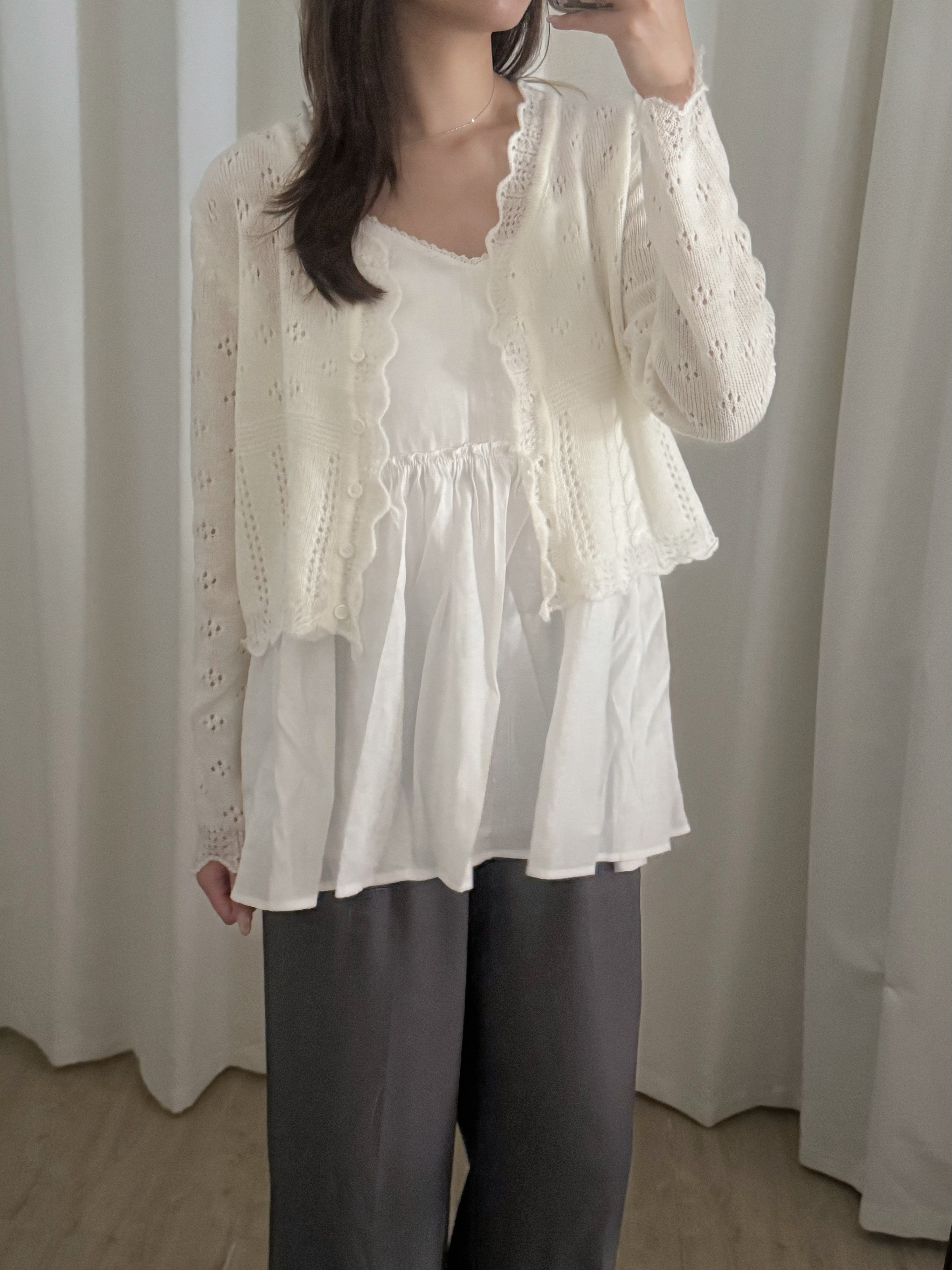 通花波浪邊針織外套(三色入)