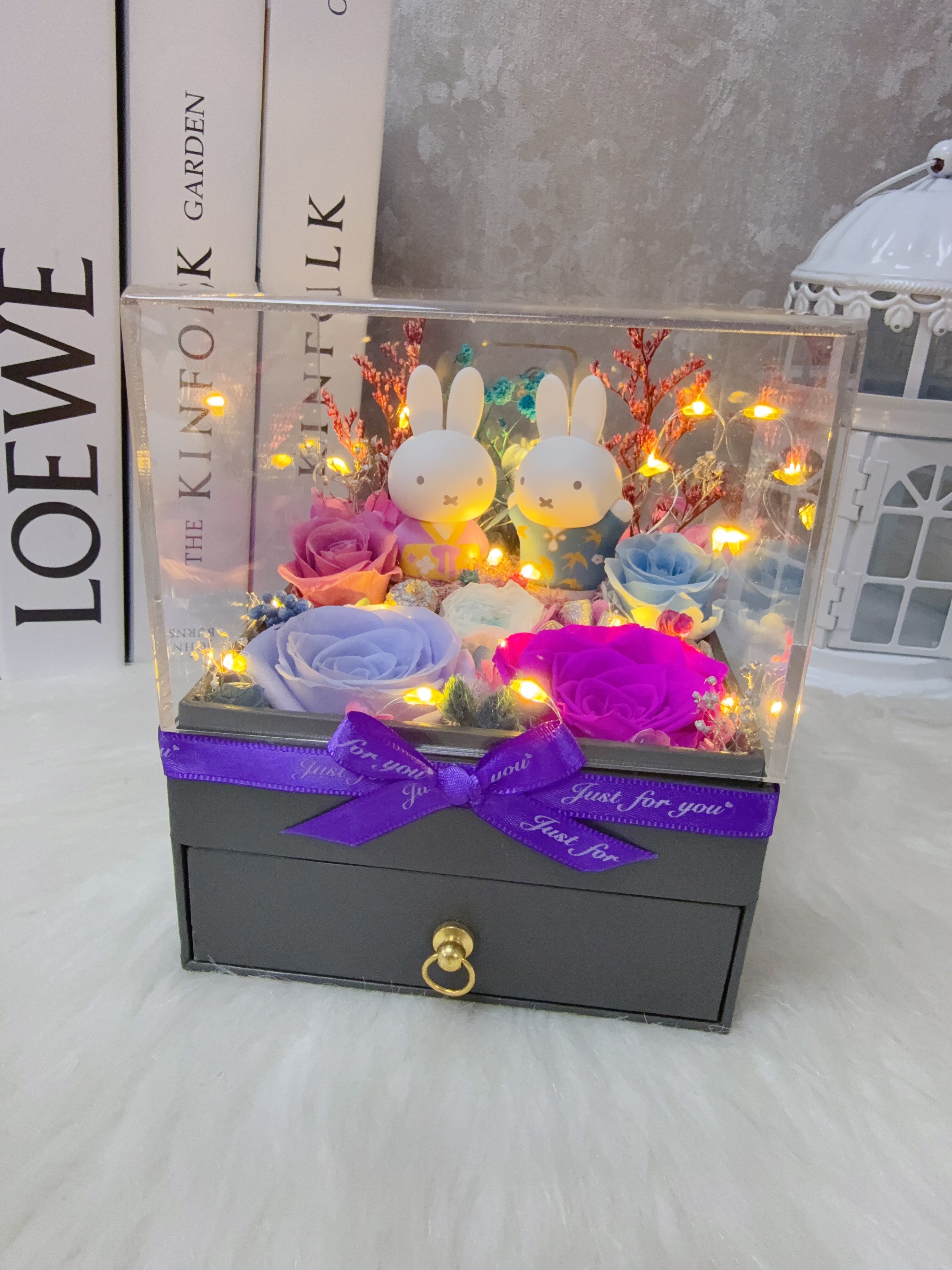 Miffy兔永生花藍紫玫瑰飾物盒