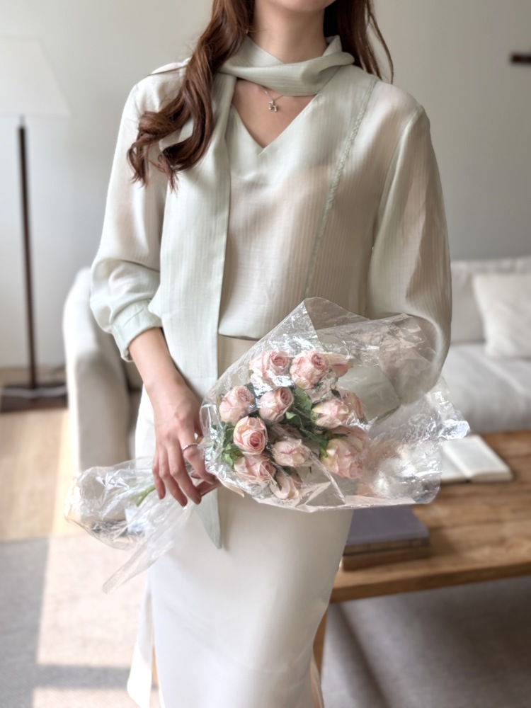 Aurelie Scarf-Tie Blouse (Mint)