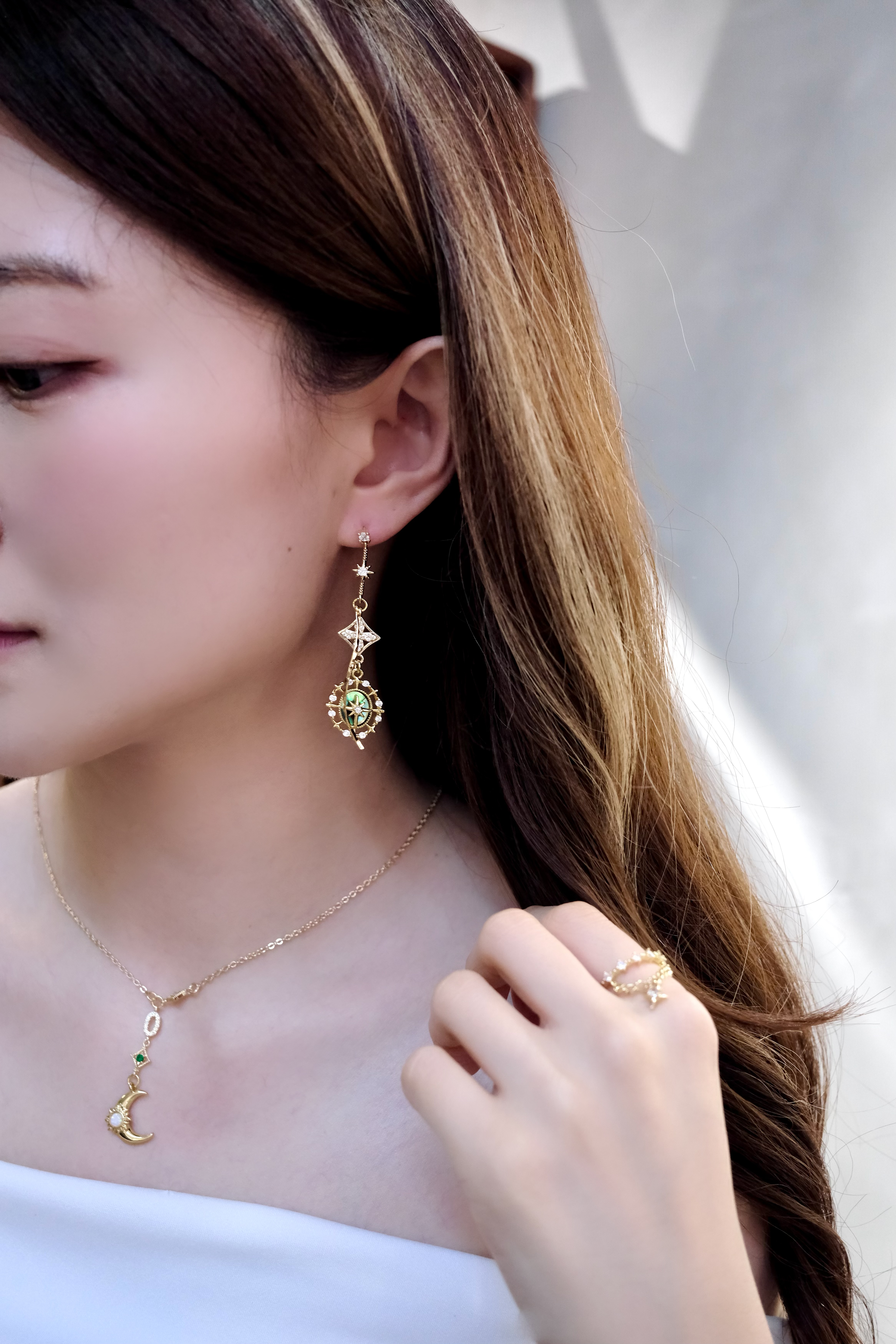  |組合裝| 貝殼幻光星耳環🐚+月光頸鍊✨+鑽戒星💍