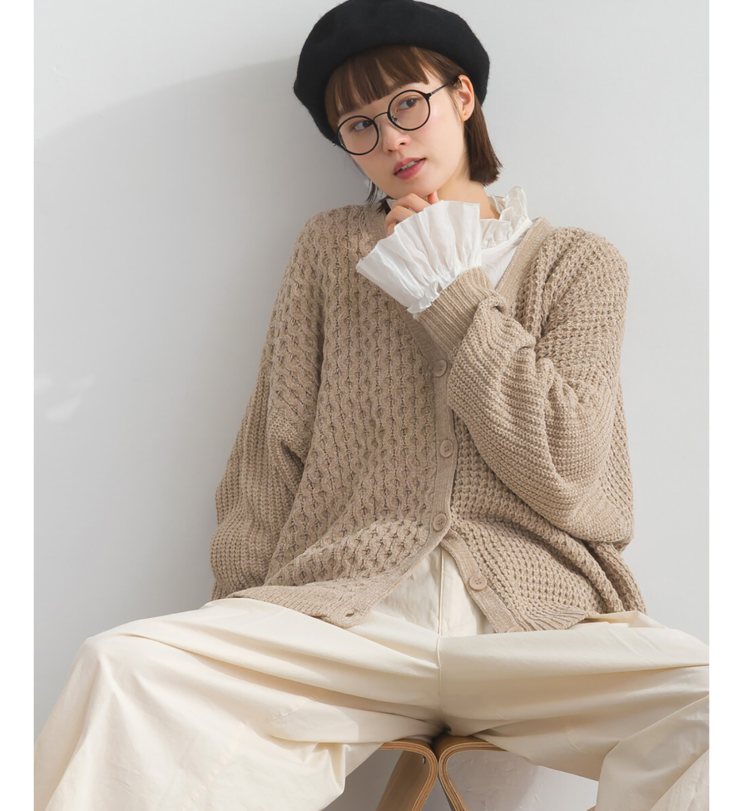 LP - 粗幼拼接冷織開襟毛衣 (杏色)