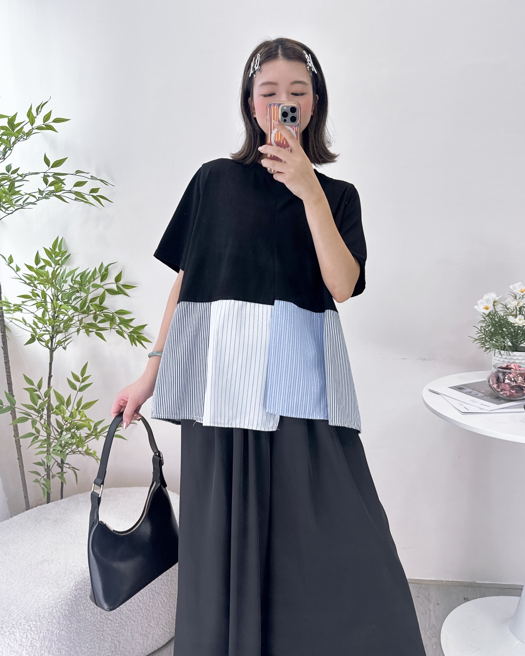 顯瘦拼摺條子布上衣 3色