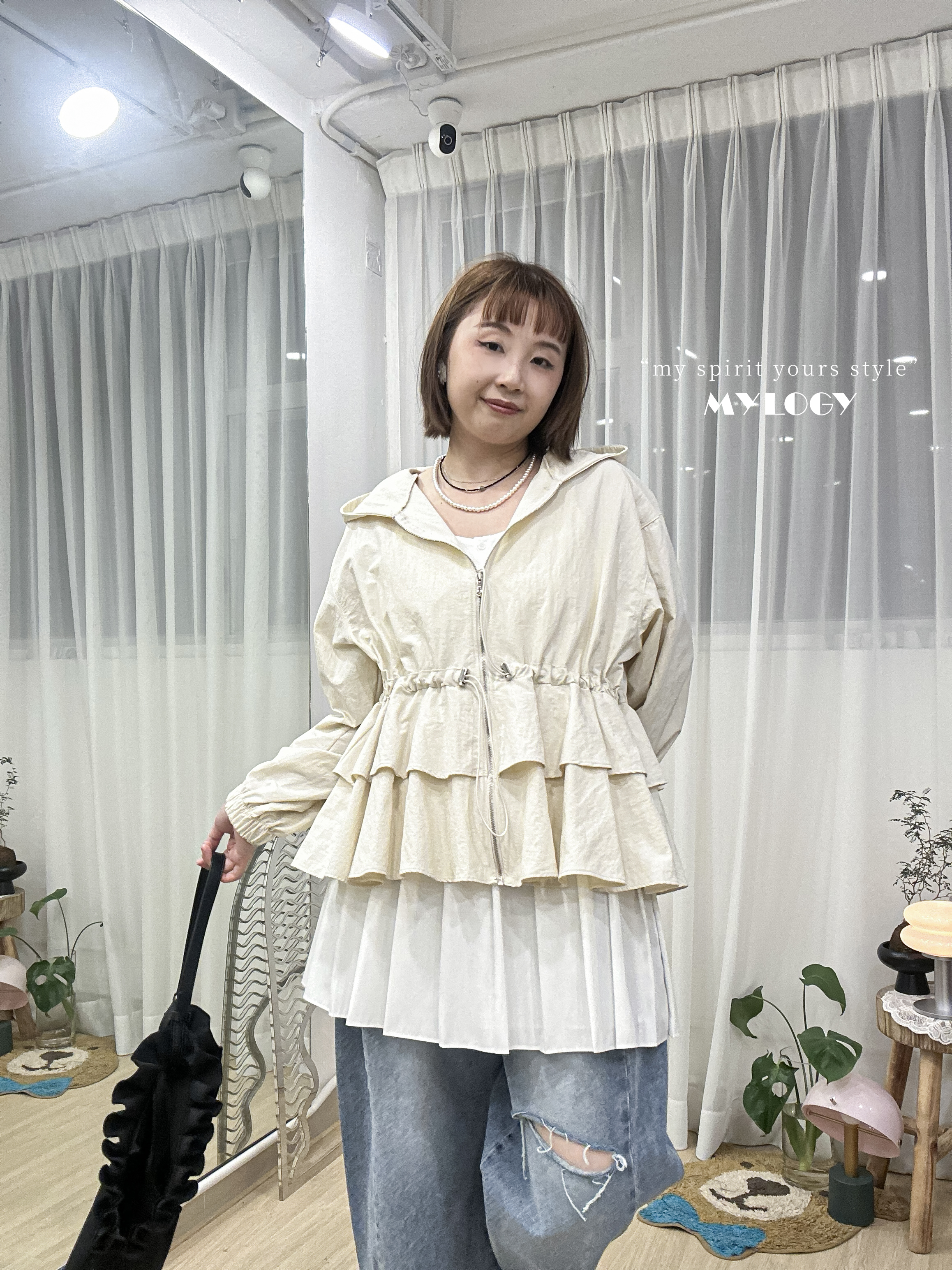 非典型少甜～束腰索繩Double Ruffle連帽風衣 J0002 - 白色 Ivory