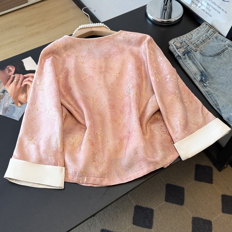 B138(0948) 新中式民族风人丝古典碎花提花卷边袖粉香槟外套上衣