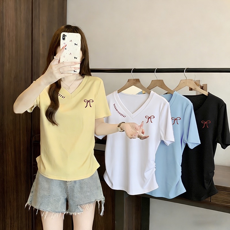 B176(36910) 韩版时尚V领蝴蝶结印花排点领边褶皱腰4色上衣