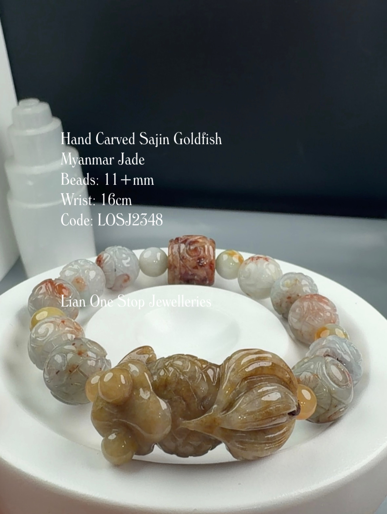 Code: LOSJ2348 Hand Carved Sajin Goldfish Myanmar Jade 11+mm