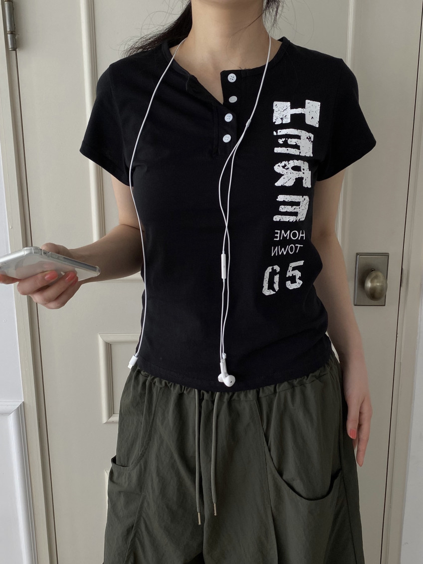 Distressed Graphic Button Top