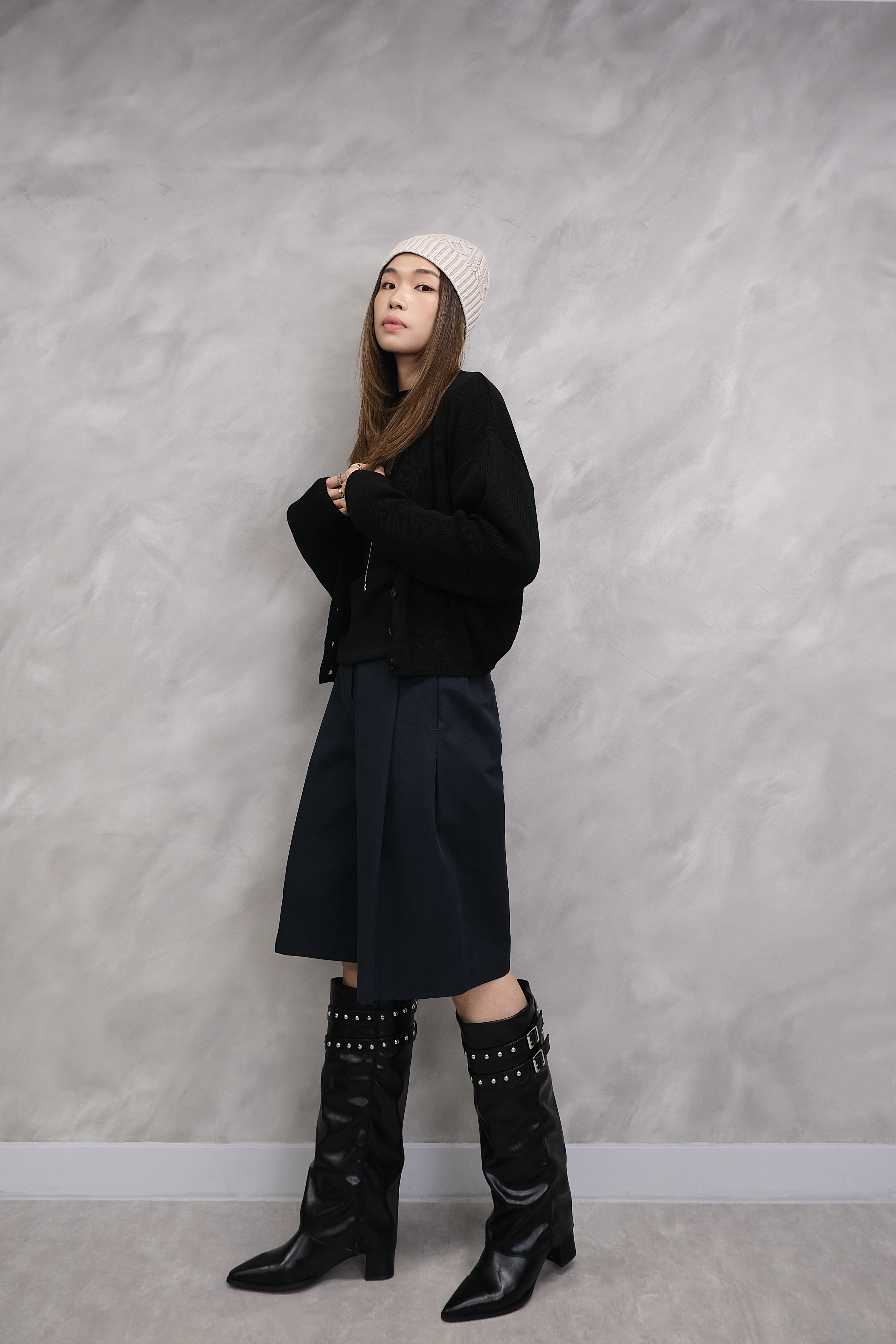 Pointed Studded Buckle Tall Boots