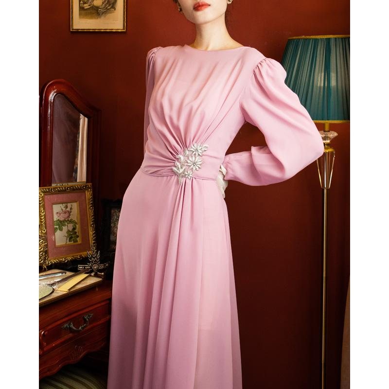 1970s/80s Does 1930s Style Rose Pink Long Dress with Waist Appliqué (MU108-11)
