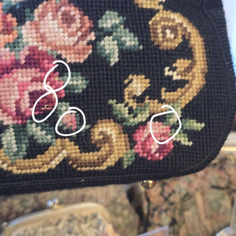 Vintage C.a. 1960s Hand-Stitched Floral Needlepoint Bag with Handpainted Rose Frame (MT2506)