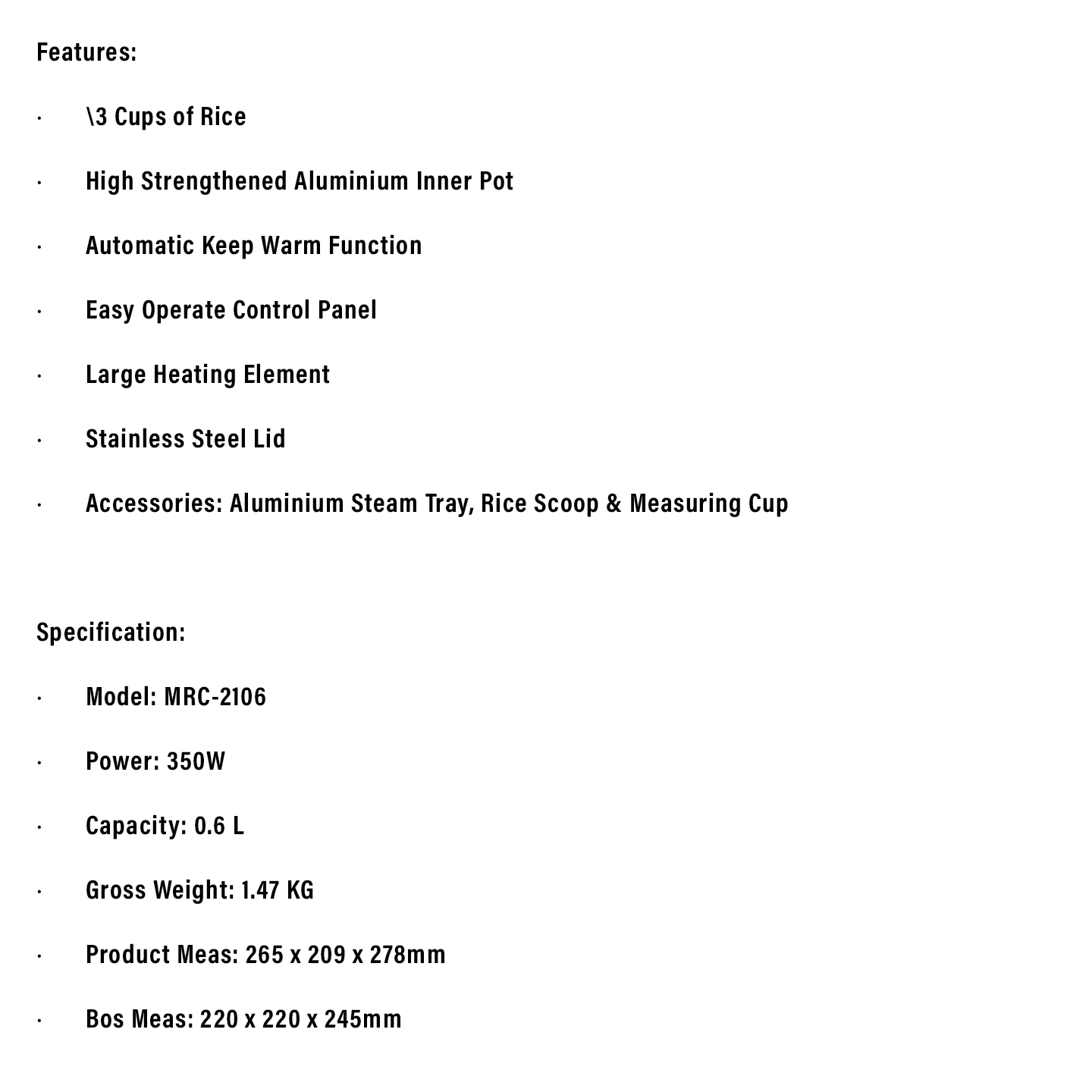 Milux 0.6L Conventional Rice Cooker (MRC-2106)