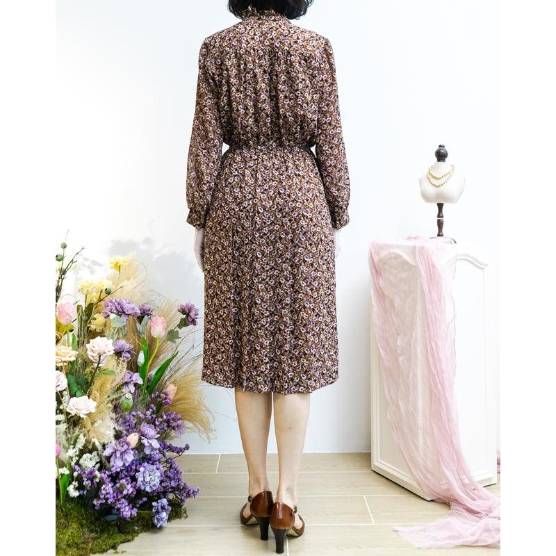 Vintage Japanese Tokyo Otsuki Floral Pattern Ruffle Edged Chiffon Long Sleeve Dress(MT1840-37)