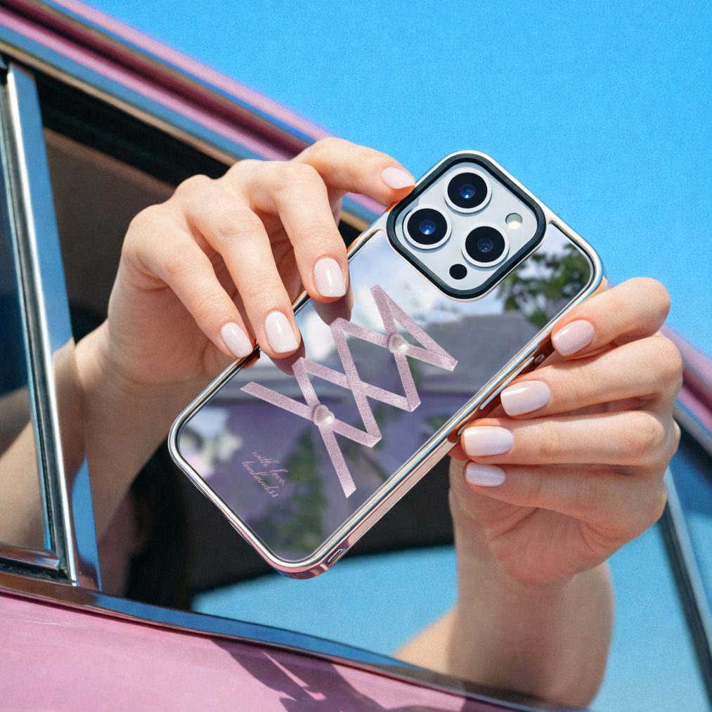 【Crisscross Silky Strap X Heart Pearl Button】銀框鏡面MagSafe iPhone Case