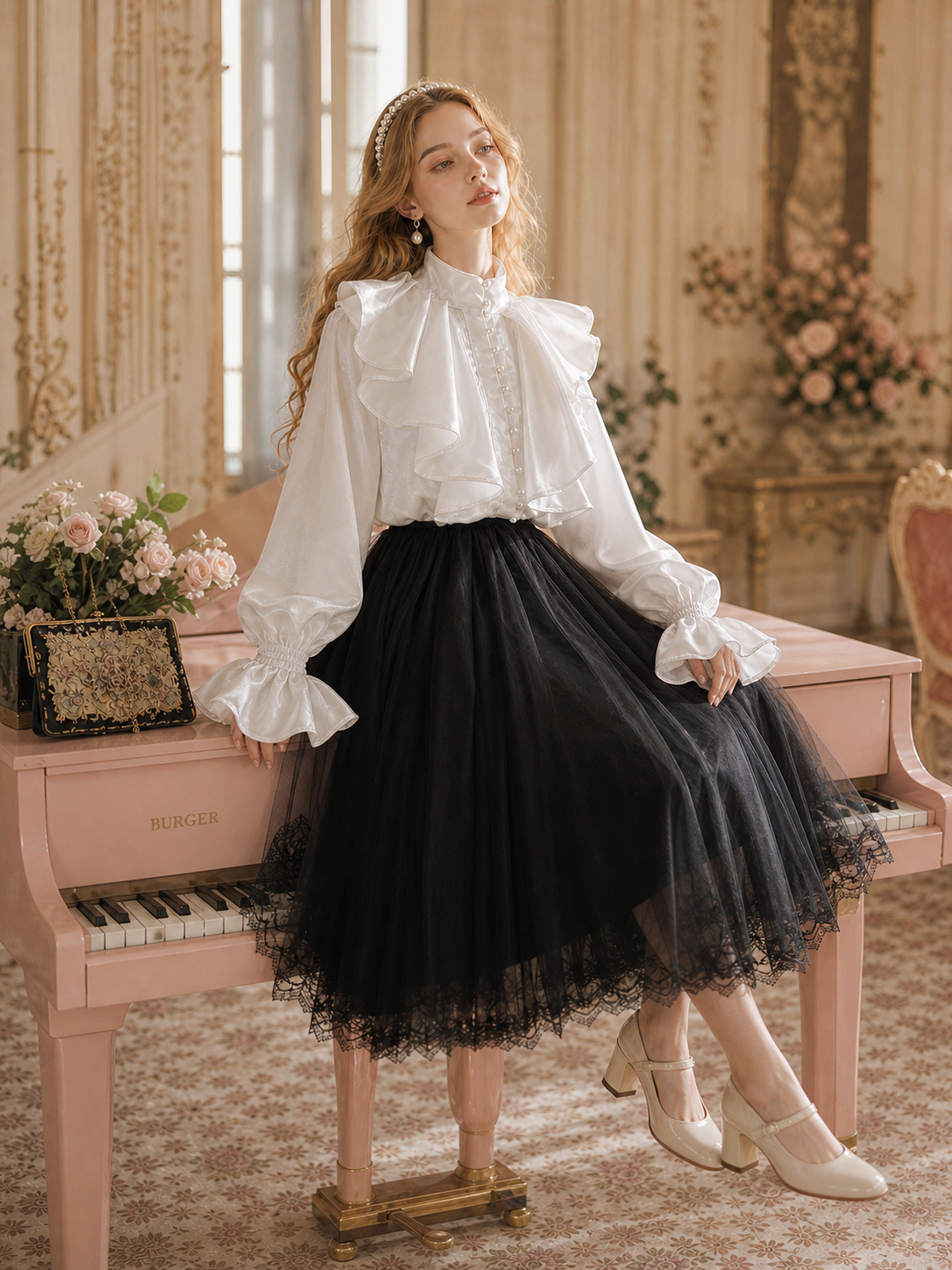 銀河私語維多利亞珍珠荷葉宮廷襯衫Whispers of the Galaxy: Victorian Pearl Ruffle Court Blouse