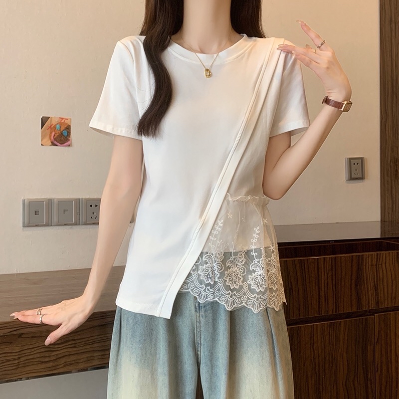 B357(16813) 韩版纯色圆领短袖拼接下摆层蕾丝透黑白上衣