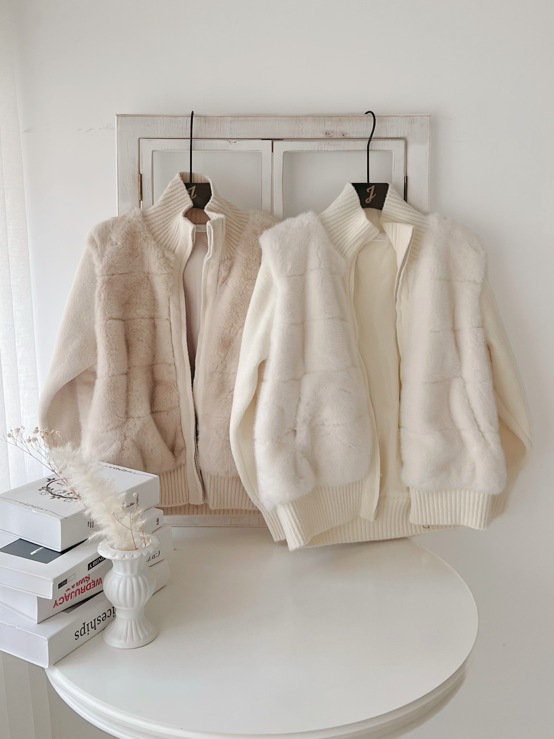 假兩件毛茸茸拼袖外套(KR)白色313195