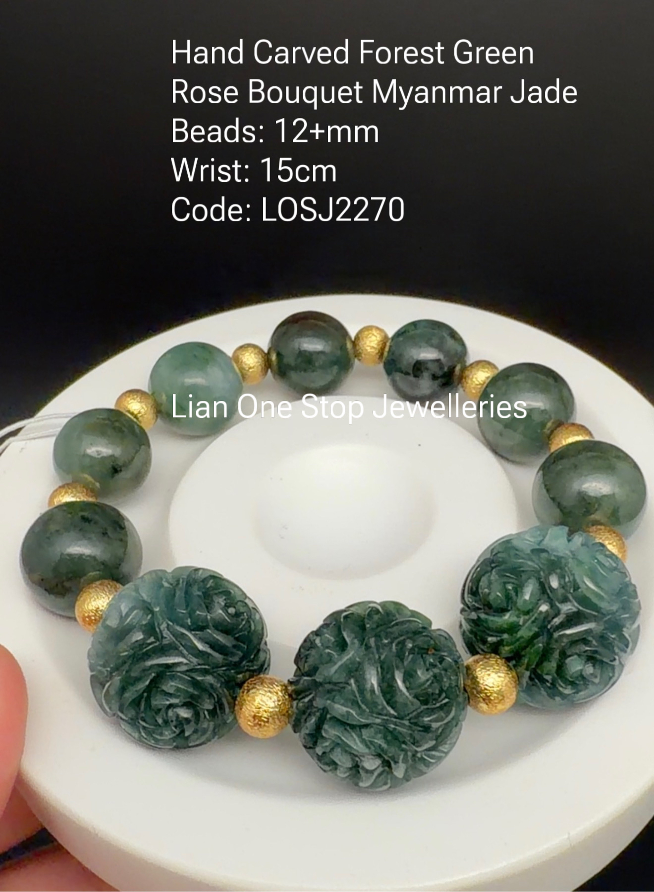 Code: LOSJ2270 Hand Carved Forest Green Rose Bouquet Myanmar Jade 