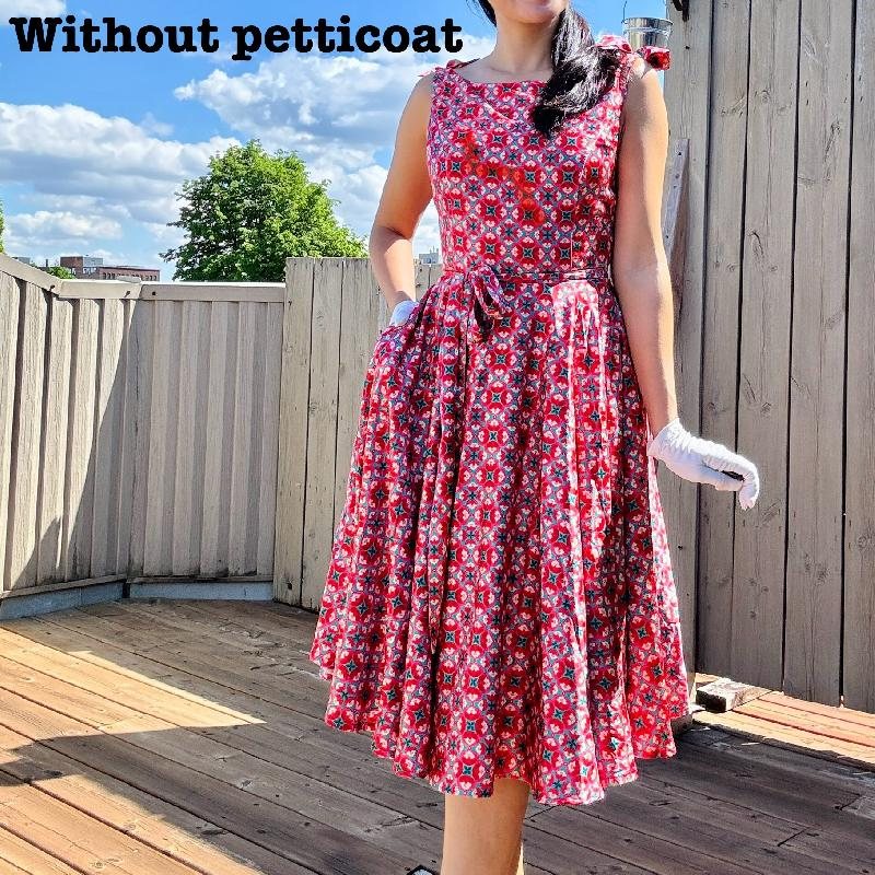 (Ready-Made) 1950s Style Silk Lustre Texture Boat Neck Fit & Flare Swing Dress With Bow Accent on Shoulder（FM213）