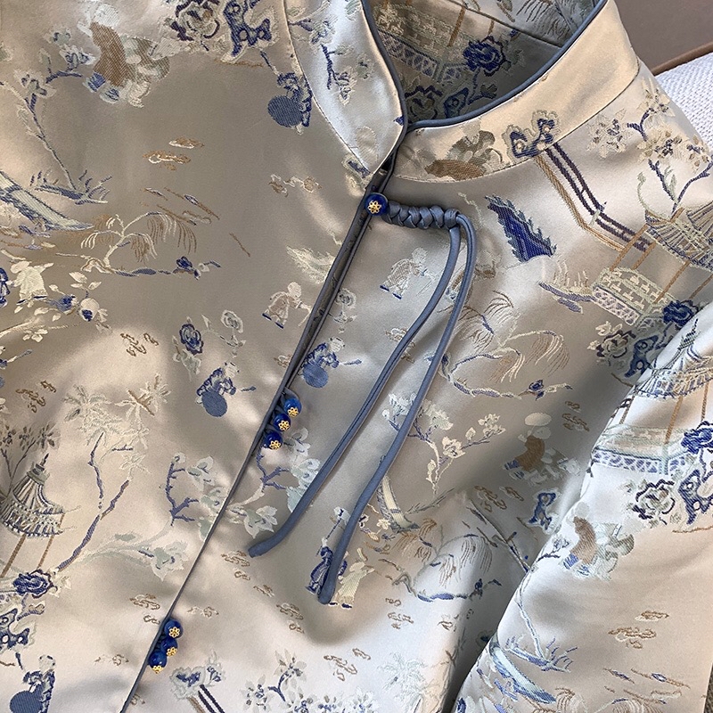 B291(0218外套) 新中式气质立领单流苏盘扣兰亭序重工织金蓝外套上衣