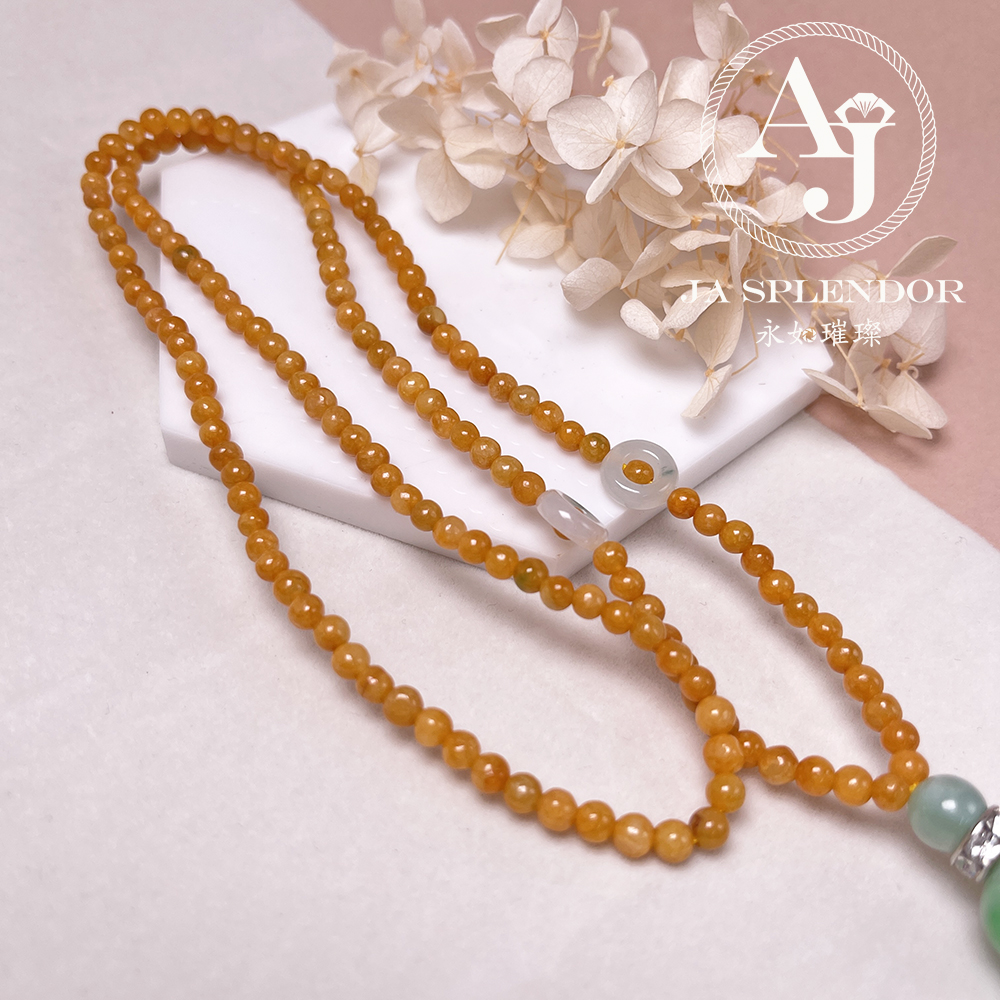 JN-H40-261 天然翡翠A玉 華麗黃翡配綠珠串串金項鏈