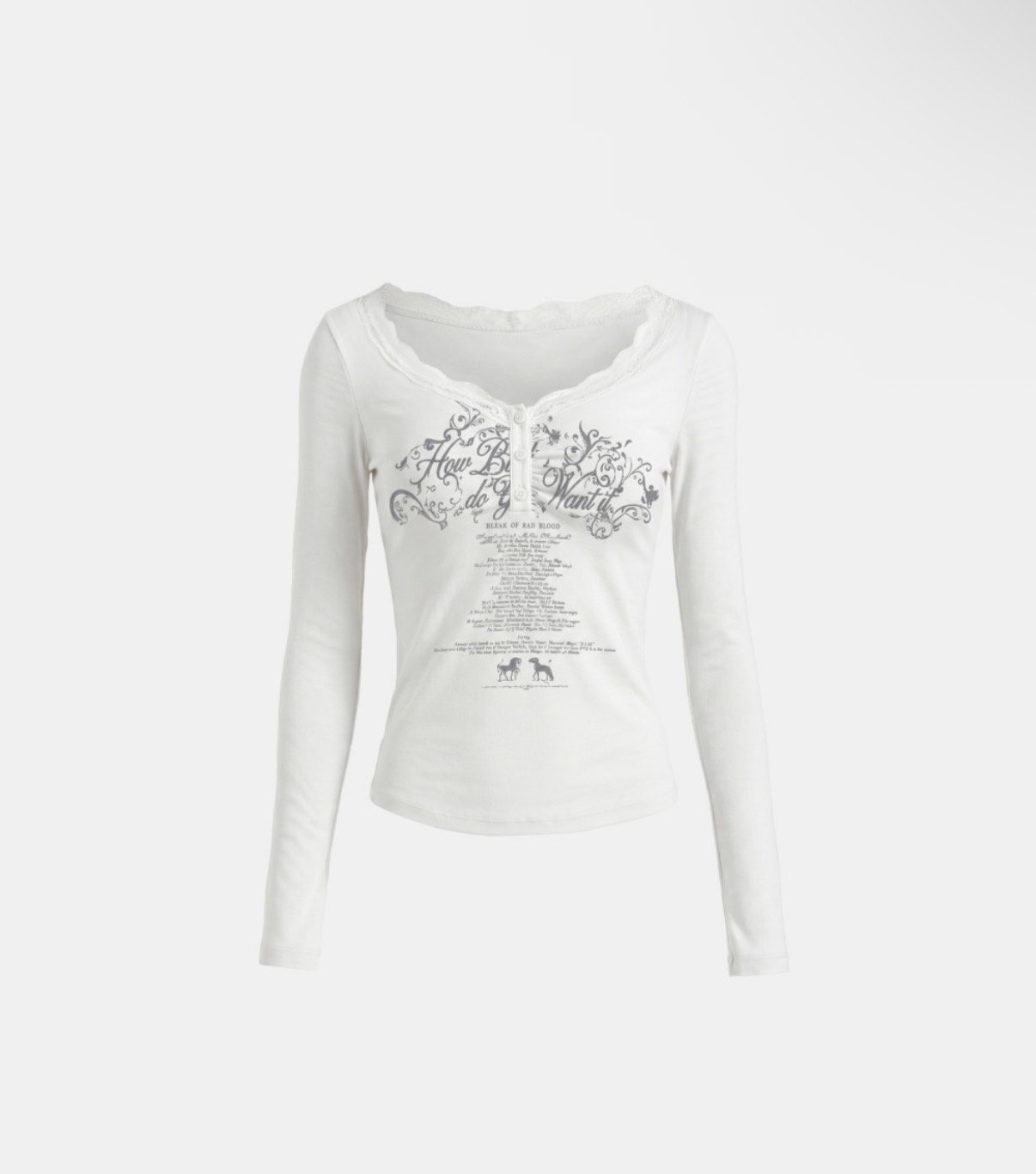 BADBLOOD新款 [w-tee26-165] DO YOU WANT IT Lace Henley Long Sleeve - White