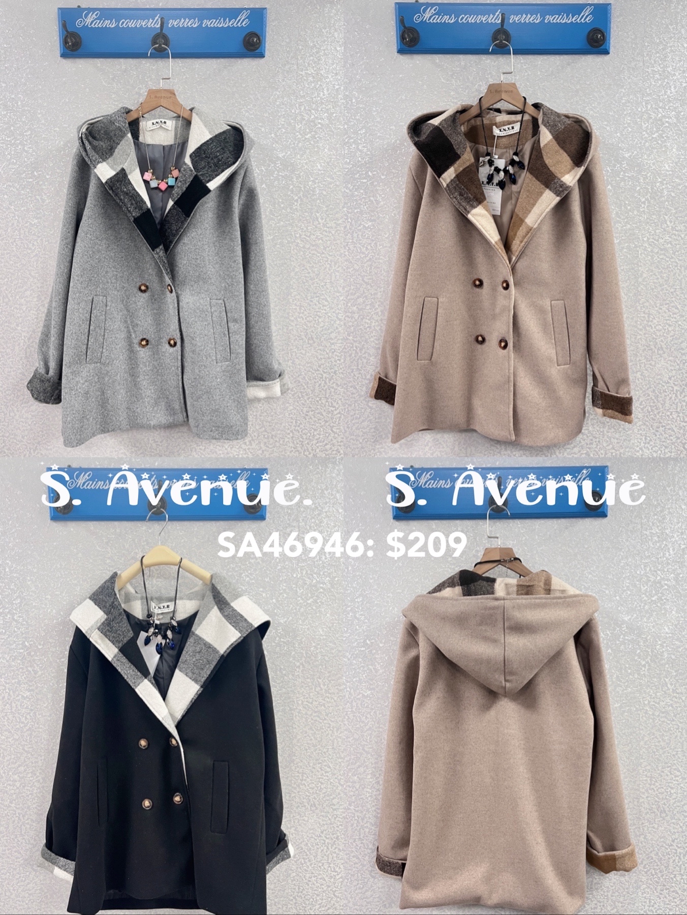 SA46946: 長袖有帽格仔邊雙鈕絨褸