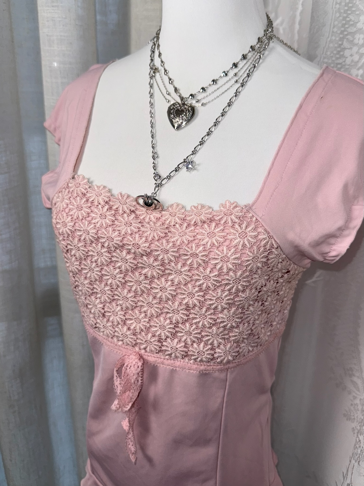 Pink Lace Bustier Cap Sleeve Tee