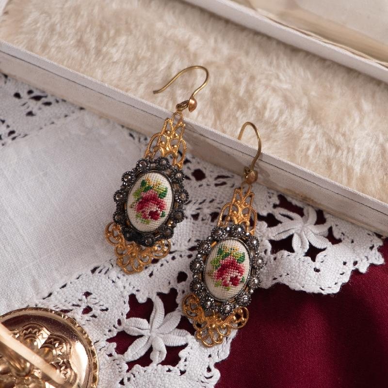 Vintage Rose Petit Needlepoint Hook Earrings - Recomposed New Old Stock (NZ006-1)