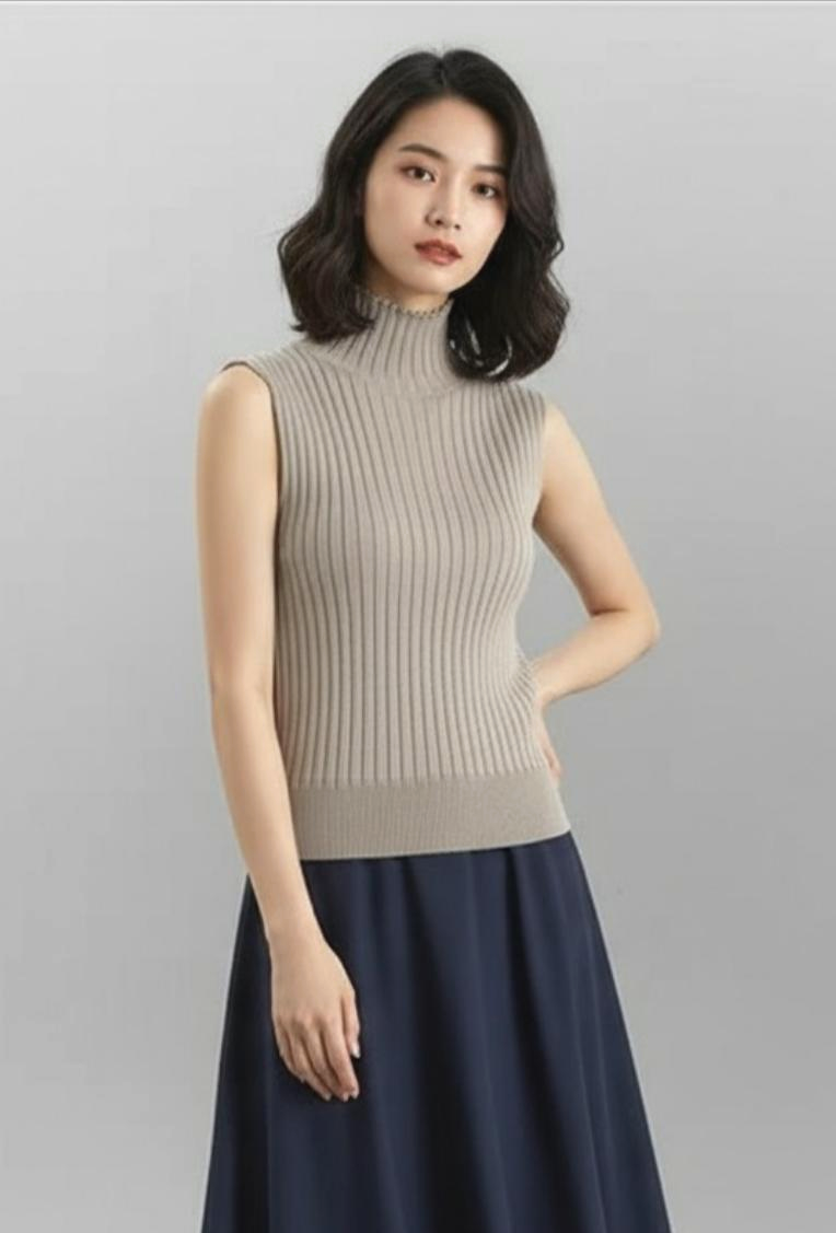 Sleeveless High-Neck Ribbed Knit Top
