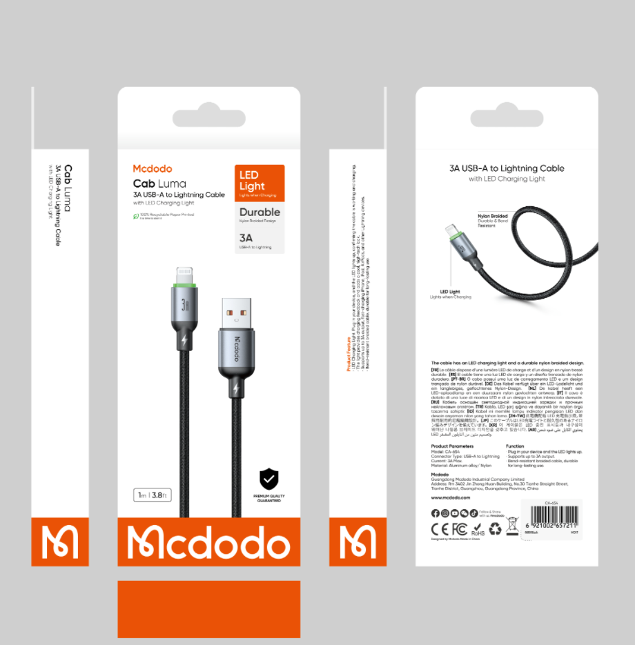 MCDODO CA6540 3A LIGHTNING CABLE WITH LED CHARGING LIGHT 1M-CABLE-NA
