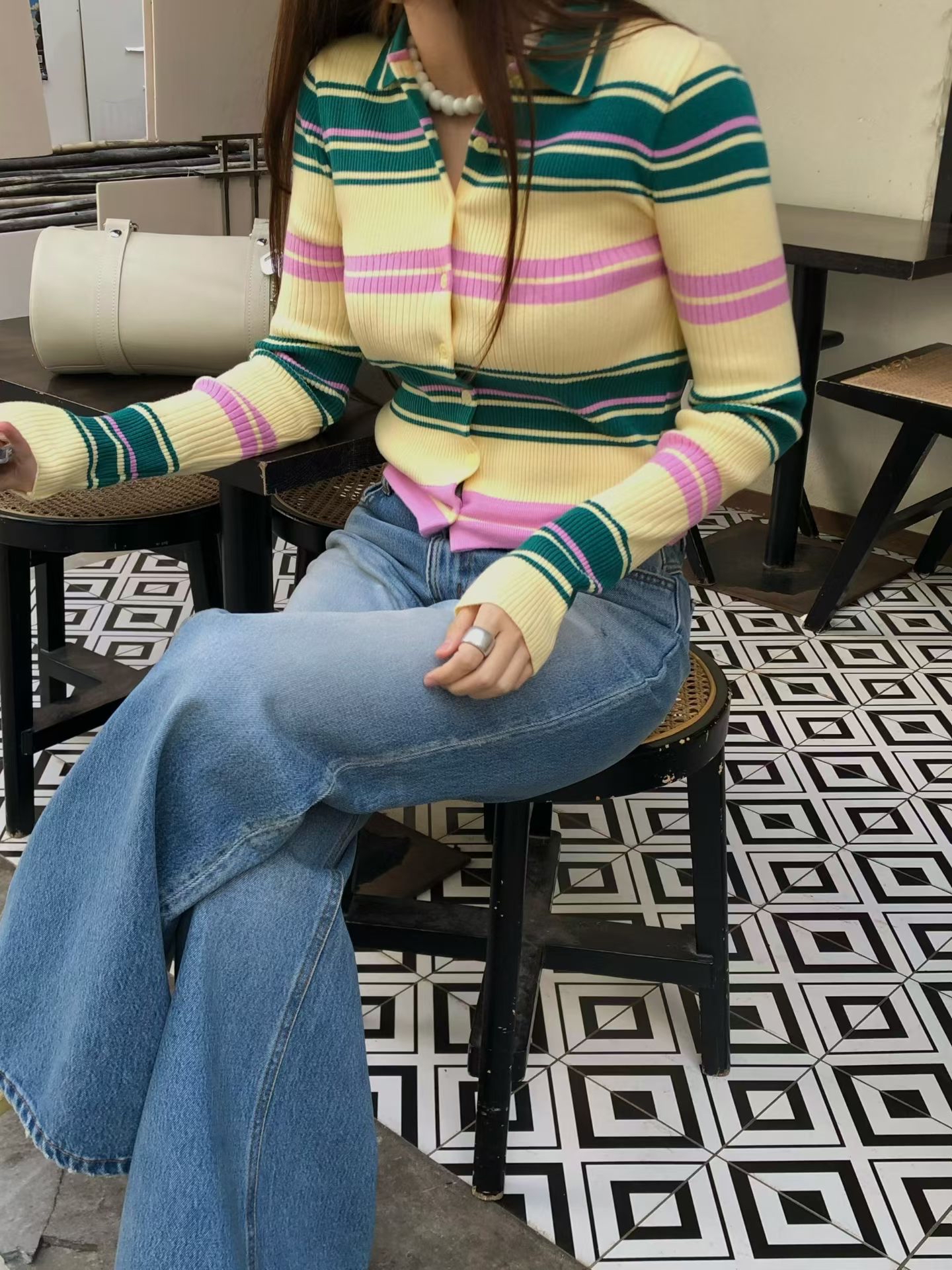 Retro rainbain ribbed knit top