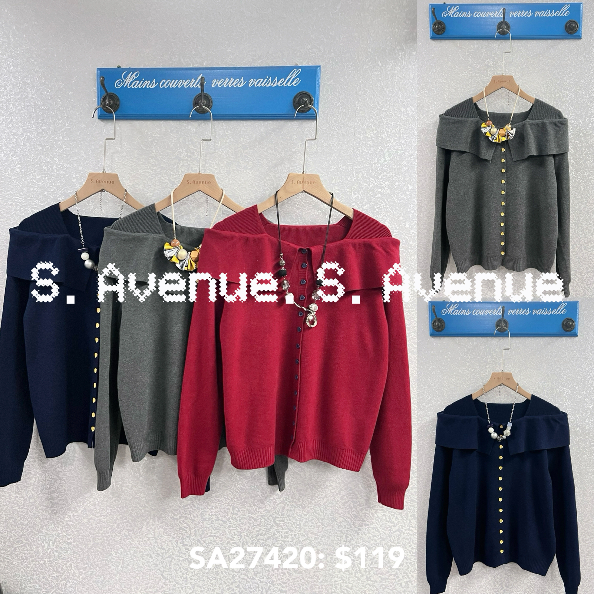 SA27420: 長袖方領假披肩有鈕top