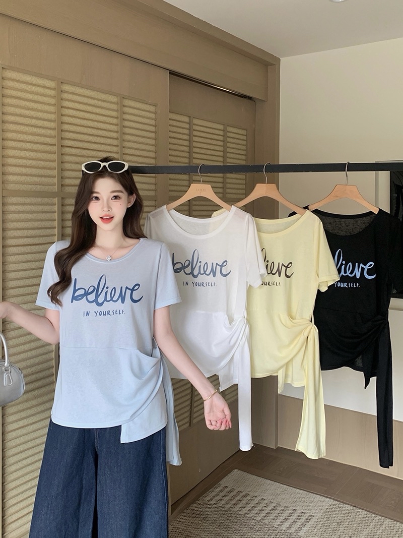 B311(24306) 韩版休闲风BELIEVE腰边穿带显瘦4色上衣