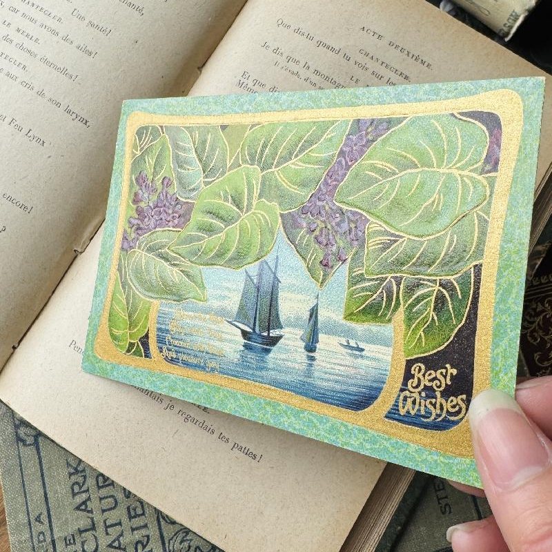 Antique Early 1900s Printed in Germany Sailing Boat and Forget Me Not Best Wishes Postcard - Embossed with Golden Outline(MT2305-7)