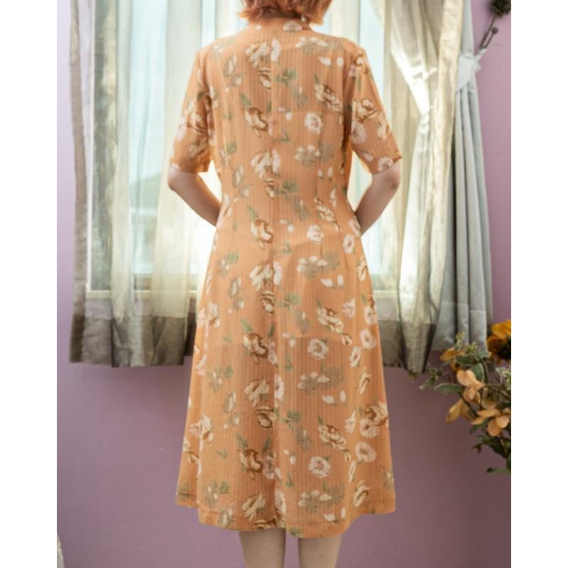 Vintage C.a. 1990s Light Tangerine Floral Pattern Button Up Summer Dress (MT1840-8)
