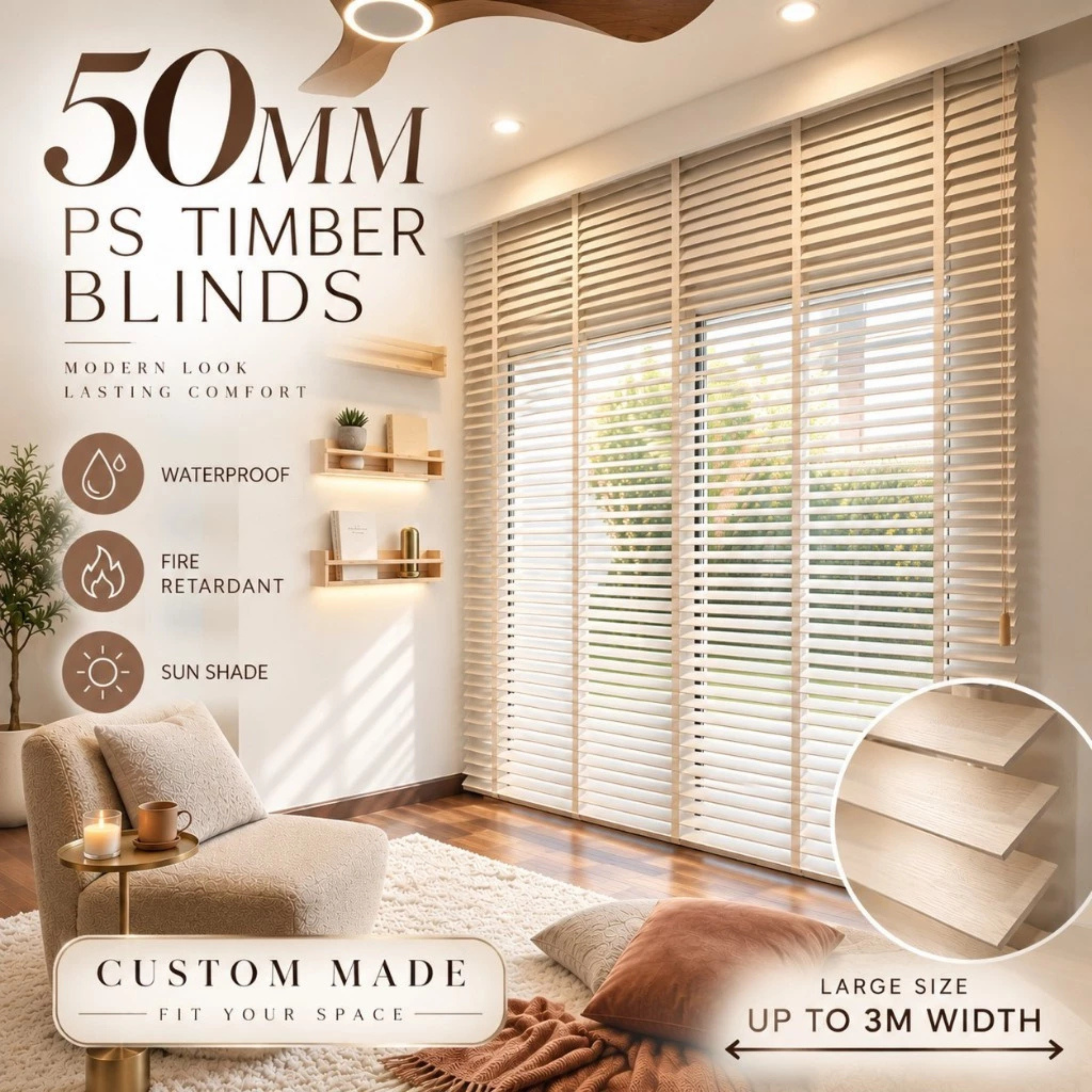 50mm PS Timber Blinds | Custom Made Window Blinds | Waterproof Wood Venetian Blind | Tirai Kayu | Friendly Use
