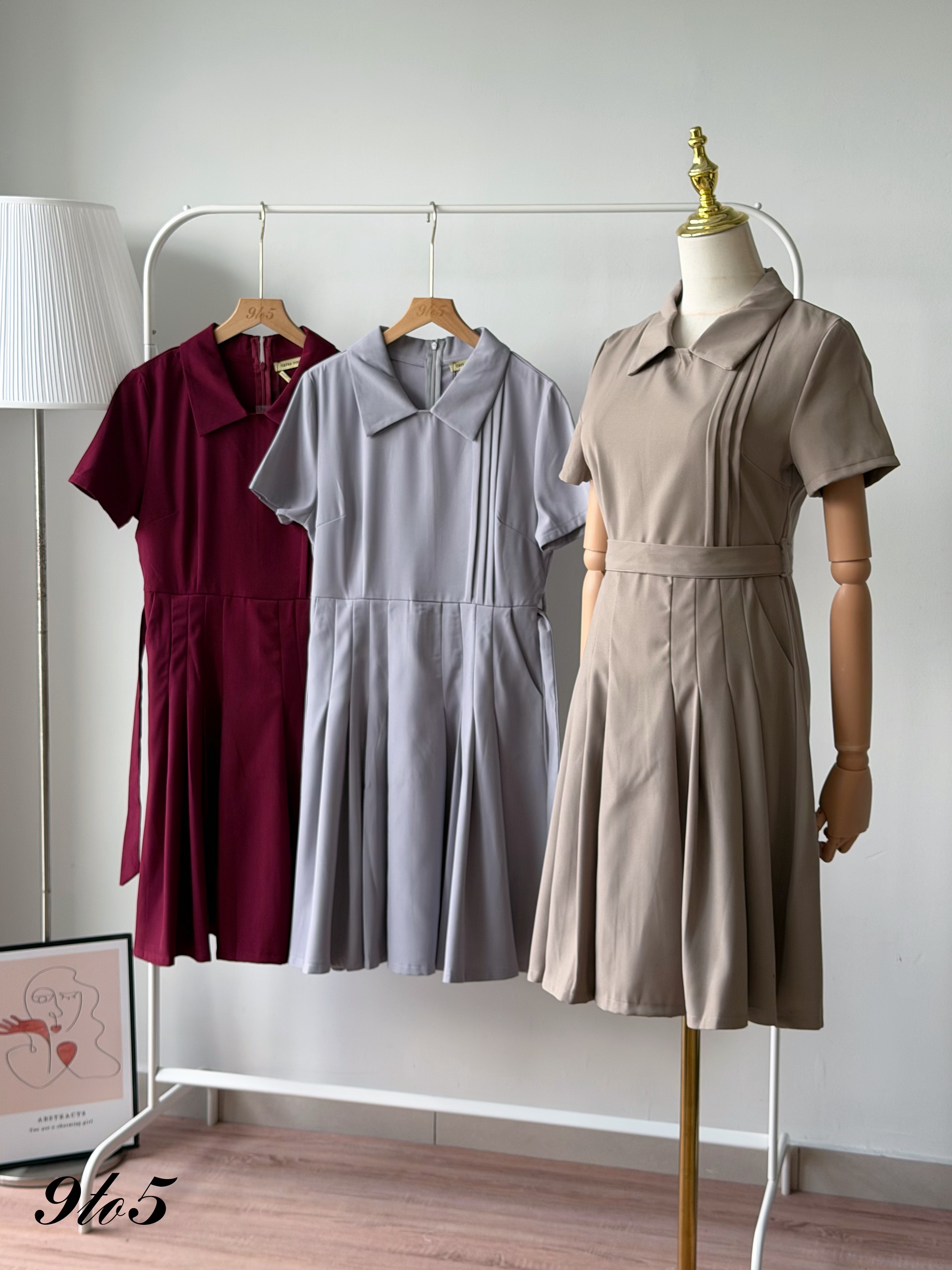 D2385 Collared Pleated Midi Dress - 3 Colors 
